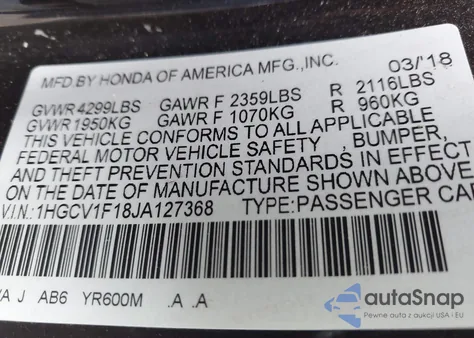 2018 Honda Accord Lx из США, поврежденный, VIN 1HGCV1F18JA127368